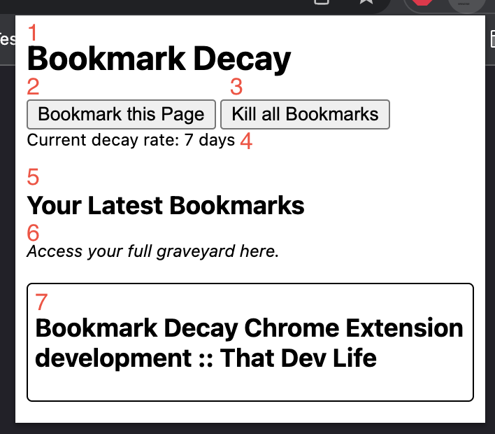 Annotated screenshot of the Bookmark Decay extension